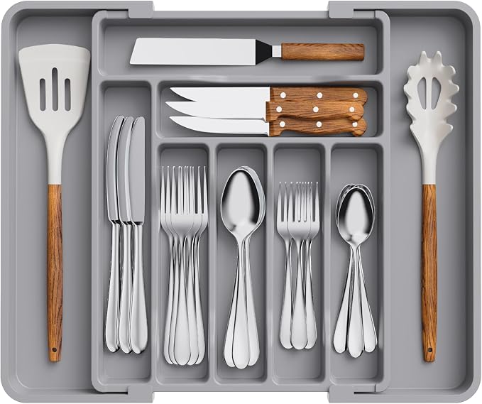 Lifewit Utensil Organizer for Kitchen Drawer, Expandable Cooking Silverware Tray, Adjustable Cutlery Flatware Holder, Plastic Spatula Tools Storage Divider, 11.8-19.6 x 15", Gray by Lifewit