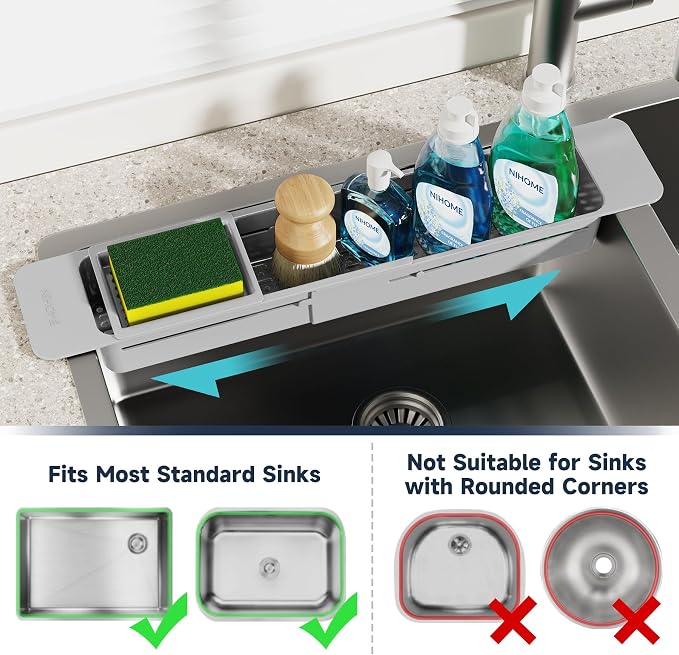 NiHome Extendable Kitchen Sink Caddy Extra Long Brush Sponge Storage Holder | Expandable Kitchen In Sink Organizer Extra Long for Brush & Sponge with Drainage, Adjustable Length, Non-Slip Pads (Gray) - Image 5