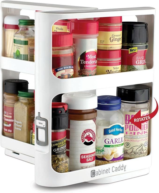 Spice Rack Organizer for Cabinet, Pull & Rotate, 2-Tier | Double-Decker Shelves, 10.8"H x 5.25"W x 10.8"D, Modular Side-By-Side, Non-Skid Feet, Stick-On Labels, Sturdy Build by InspiredProducts