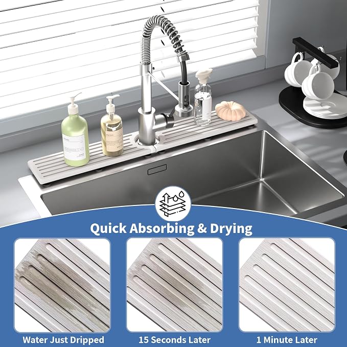 Faucet Mat for Kitchen Sink, Water Absorbent Kitchen Faucet Mat, Durable Sink Splash Guard with Raised Feet, Diatomite Fast Drying Kitchen Sink Faucet Mat, Bathroom Stone Drying Tray for Counter - Image 5