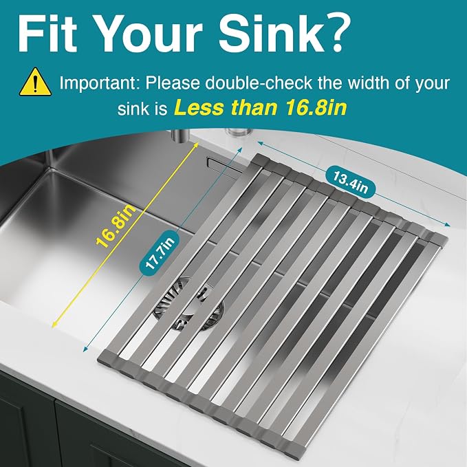 COOL-ANGLE Aluminum Roll Up Dish Drying Rack, 17.7x13.4 Inches, Matte Gray | Rust proof aviation aluminum, Heat resistant trivet up to 400F, Fits sinks up to 16.8 inches, Foldable for compact RV storage - Image 6