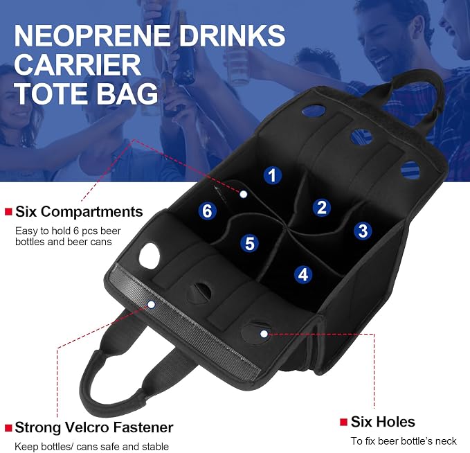 Portable Drinks Tote Bag for 6 PCS Beverage Cans/Bottles, Neoprene Insulated Drinks Can Bottle Carrier Tote Beverages Cans Cooler Bag Holder for Camping, Picnic, Party (Black) - Image 2