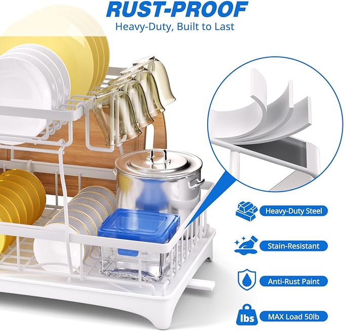 2-Tier Dish Drying Rack - Dish Rack with Auto Drain-to-Sink & Mat | Dish Racks for Kitchen Counter, Dish Drainer with Knife Fork & Cup Rack, Gifts for Women, Mothers Day, Kitchen Gadgets, White - Image 4