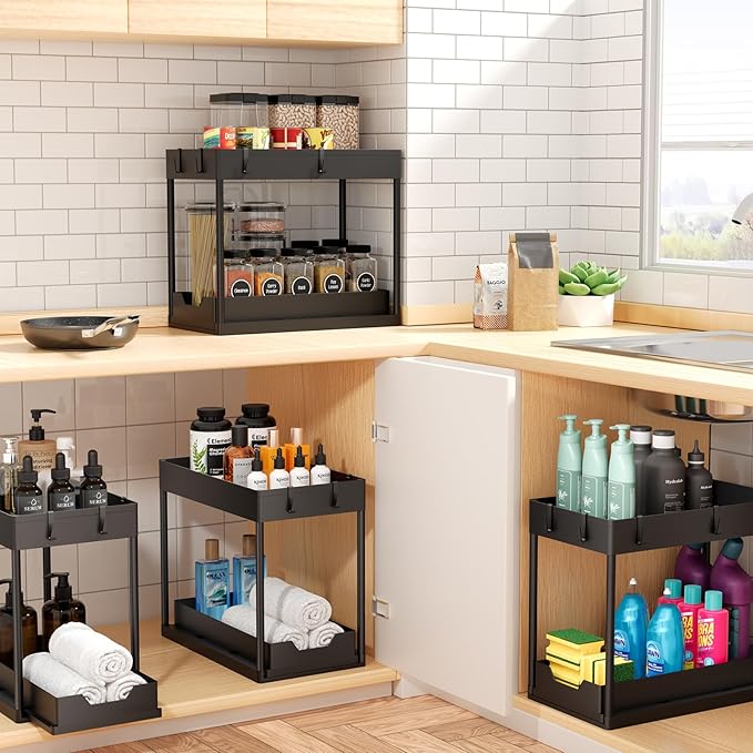 Ekisemio 2 Pack 2-Tier Under Sink Organizers with Sliding Drawer, Black | 2 Pack 2-Tier Under Sink Organizers | Sliding Drawer | Sturdy Metal Frame | Tool-Free Assembly | Space Saving | Black - Image 6