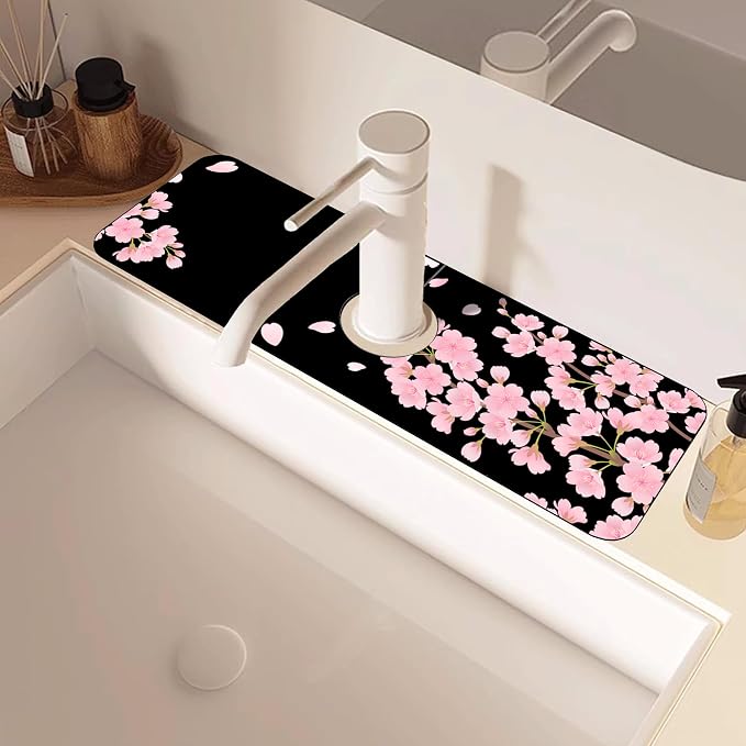 Faucet Mat for Kitchen Sink Romantic Cherry Blossoms Sink Splash Guard Behind Faucet Soft Diatom Mud Material Non-slip Easy to Clean for Bathroom & Kitchen 15"X5.5" - Image 5