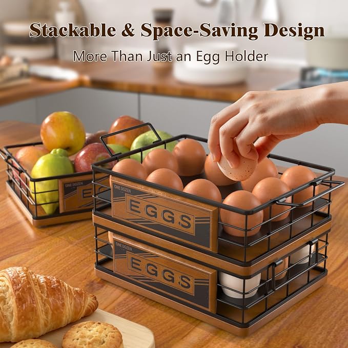 Farmhouse Egg Holder Countertop, Oak Wood & Metal Egg Basket with Handles | Stackable Rustic Egg Tray Organizer for Kitchen Counter, Holds 12 Eggs, Removable Divider for Fresh Egg Storage, Walnut - Image 4