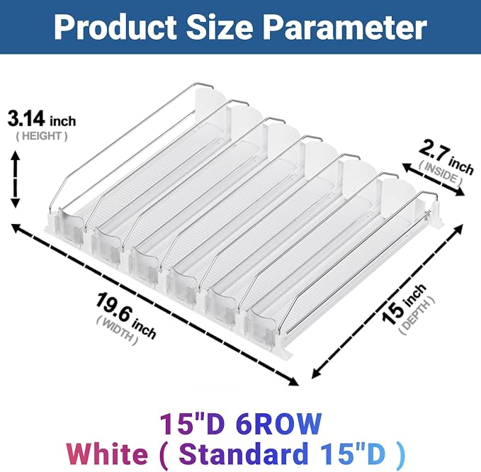 Drink Organizer for Fridge,12oz 16oz 20oz - Soda Can Dispenser for Refrigerator,Width Adjustable,Automatic Pusher Glide (White, 15" D 6ROW, Holds 30 Cans) - Image 2
