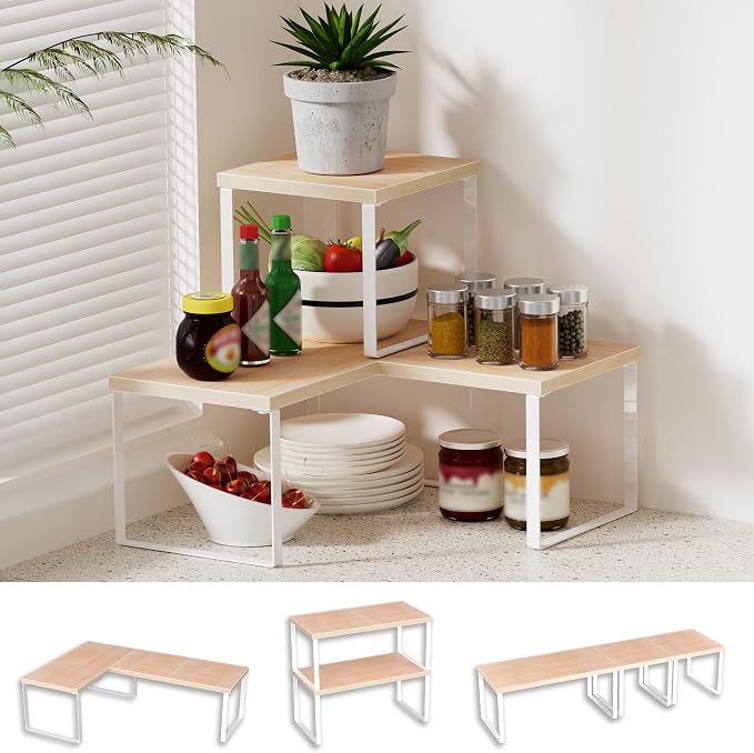 Golener Countertop Shelf, Kitchen Counter Organizer, Adjustable, Stackable | Kitchen Countertop Organizer, Spice Rack, 2-Tier Countertop Shelves, Corner Desk Shelf, Corner Counter Shelf, Natural Beige by Golener