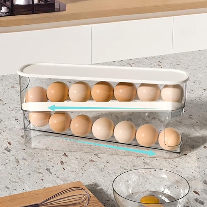 WACOI Auto Rolling Fridge Egg Organizer, Space Saving Eggs Dispenser for Refrigerator Storager with Lid,Egg Holder for Fridge 2 Pack - Image 6