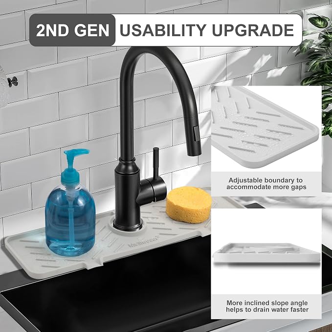 Silicone Faucet Mat for Kitchen Sink – Gen 2 Splash Guard with Upgraded Outlet & Slope – 18” x 5.1” Water Catcher & Sink Sponge Holder for Kitchen and Bathroom (Beige) - Image 3