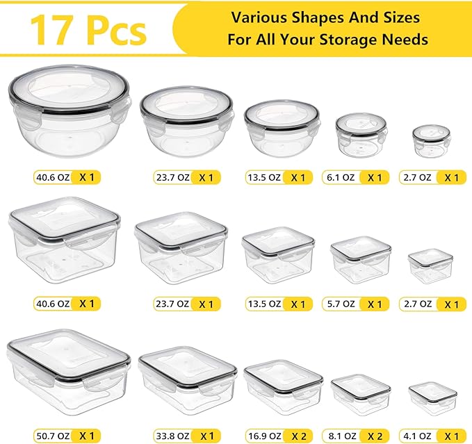 34 PCS Food Storage Containers with Lids Airtight(17 Lids &17 Containers) | Microwave/Dishwasher Safe 100% Leakproof Storage Containers for Meal Prep Kitchen Storage Organization with Labels & Pen - Image 2