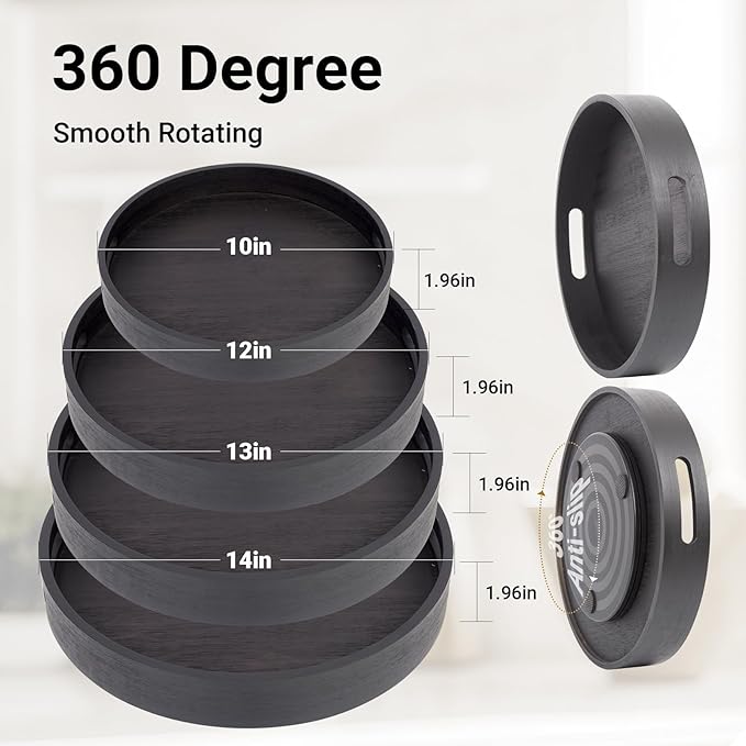 12in Black Bamboo Lazy Susan Turntable with Handle | Rotating Organizer for Table Top, Spinner Turntable for Cabinet, Pantry & Kitchen | Spice & Seasoning Turntable Tray - Image 2