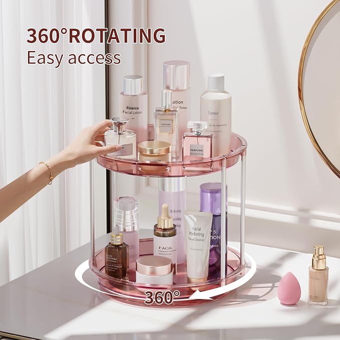 Rotating Makeup Organizer, Perfume Skincare Holder, 2 Tier 9 Inch, Pink | 360° Smooth Spinning Vanity Tray, Large Capacity, Space-Saving Cosmetics Storage for Bathroom Countertop, Dresser - Image 2