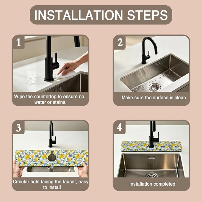 Faucet Mat for Kitchen Sink Watercolor Lemon Blue Geometric Sink Splash Guard Behind Faucet Soft Diatom Mud Material Non-slip Easy to Clean for Bathroom & Kitchen 24"X5.5" - Image 4