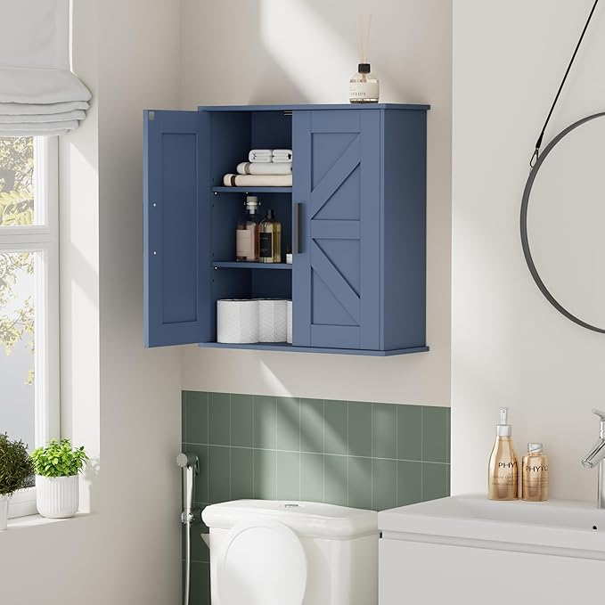Homleke Bathroom Wall Cabinet, Medicine Cabinet with Adjustable Shelves | 3-Tier Wall Mounted Over Toilet Storage with Barn Doors, for Bathroom, Kitchen, Entryway, Laundry Room, Blue, (7.9" D) - Image 6