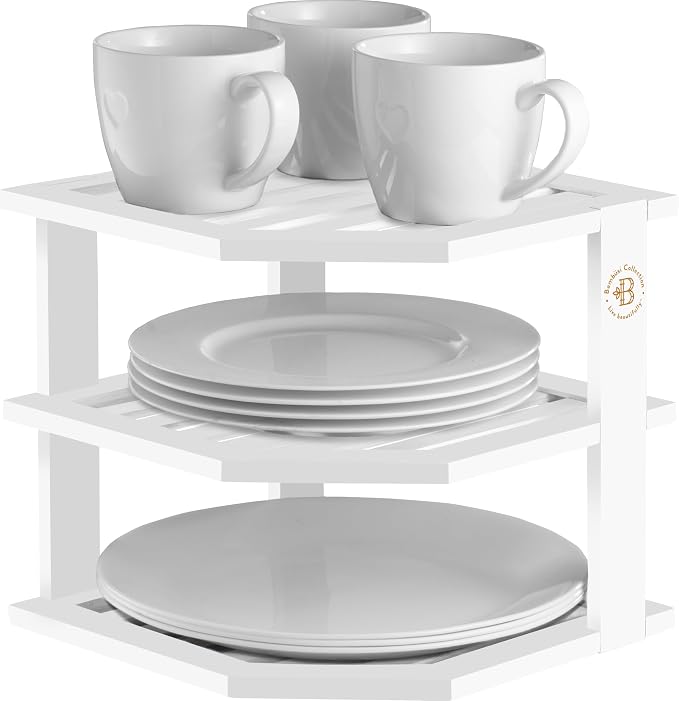 White Plate Organizer for Cabinet - 3 Tier Bamboo Corner Cabinet Organizer Shelf for Plates Bowls Mugs Cups, Kitchen Cabinet Organizer, Cabinet Shelf Organizer, Countertop Rack, 10 x 10 x 9.5 Inch - Image 7
