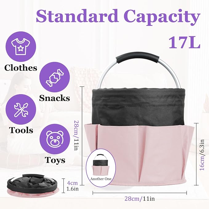 2Pcs 17L Shower Caddy with 6 Pockets, Portable Cleaning Caddy in 600D Oxford Fabric, Cleaning Supplies Bucket with Handle, Multifunctional Storage Basket for Dorm, Family, Black with Pink - Image 2