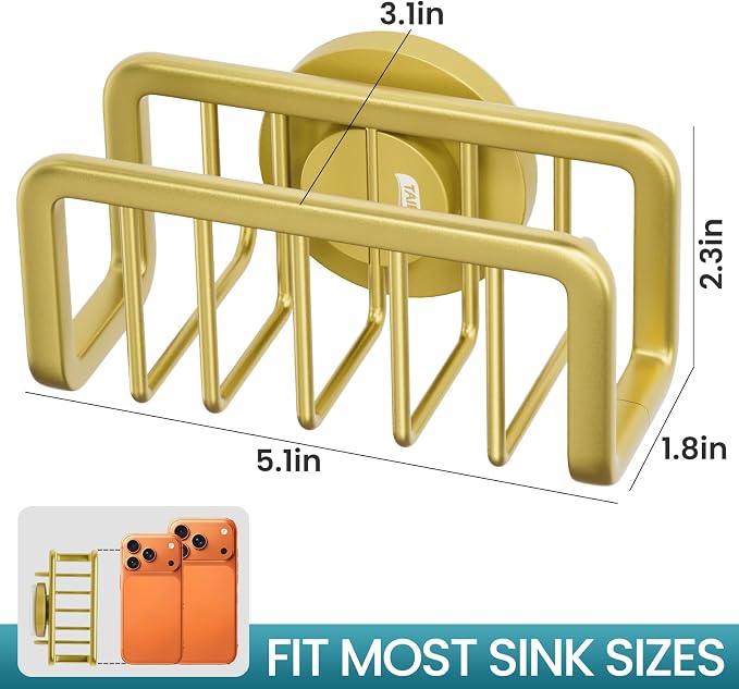 TAILI Sink Caddy with Strong Suction Cup, Sponge Holder for Kitchen-Gold | Sponge Caddy for Kitchen Sink Oganizer, Removable Rustproof Aluminum Sponge Holder for Dish Brush, Scraper, Scrubber - Image 3