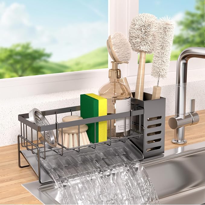 304 Stainless Steel Over Sink Caddy Sponge Soap Organizer Gray | Auto sloped drainage with removable tray, 3 divided spaces for sponge & soap, rustproof steel, no installation needed by NETMEYA