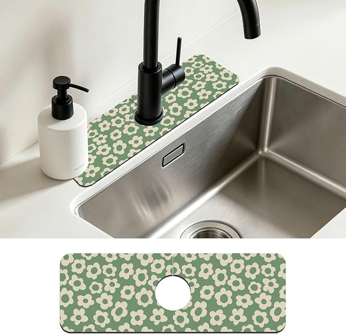 Faucet Mat for Kitchen Sink Vintage Groovy Flower Green Daisy Sink Splash Guard Behind Faucet Soft Diatom Mud Material Non-slip Easy to Clean for Bathroom & Kitchen 15"X5.5" by Unknown