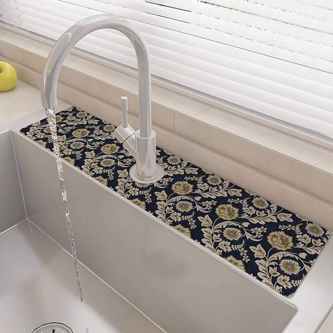 24" X 5.5" Kitchen Sink Splash Guard Faucet Mat Floral Flower Super Absorbent Fast Drying Faucet Guard & Draining Mat Sink Splash Guard Behind Faucet for Kitchen, Bathroom by Unknown