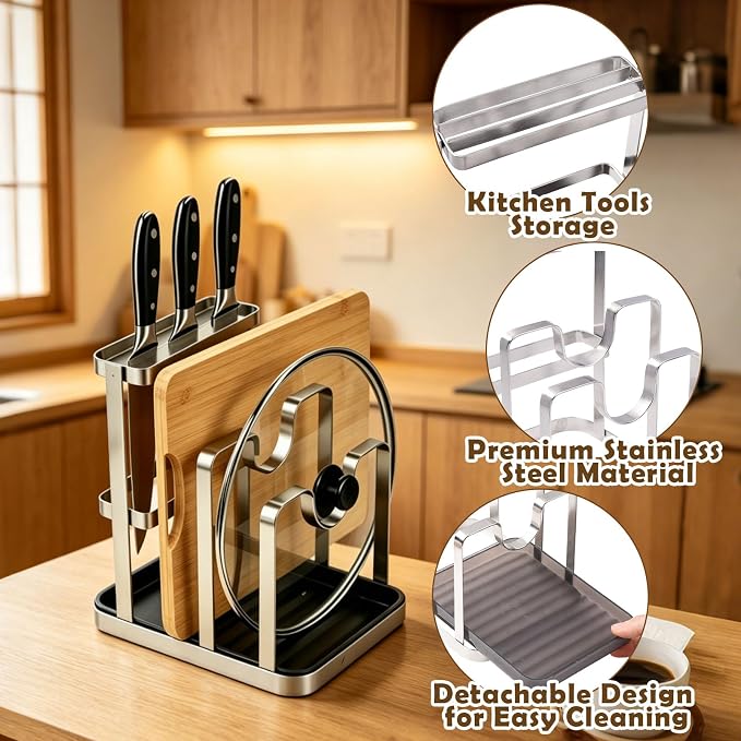 BEEFLYING Pot Lid Cutting Board Holder Organizer for Counterto with Tray | Holds 2 Pot Lids, 7.09*5.5*7.48 In, Stainless Steel, for Holder Spoon Cooking Knives Cutting Board Stove Top Kitchen Counter - Image 2