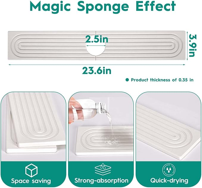 24 Inch Inch Stone Faucet Mat for Kitchen Sink, White | Sink Splash Guard, Water Absorbing Stone Tray, Super Absorbent, Diatomite Drain Protector，for Kitchen Bathroom Counter - Image 3