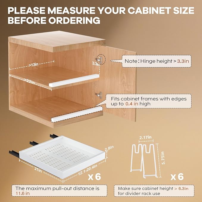 Seinloes 6 Pack Pull out Cabinet Organizer 21"Deep with Raising Pad for Framed Cabinets, Expandable Slide out Drawers for Kitchen Cabinets with 6pcs Divider Racks, Roll out Shelves 12.1"-20.4" W White - Image 4