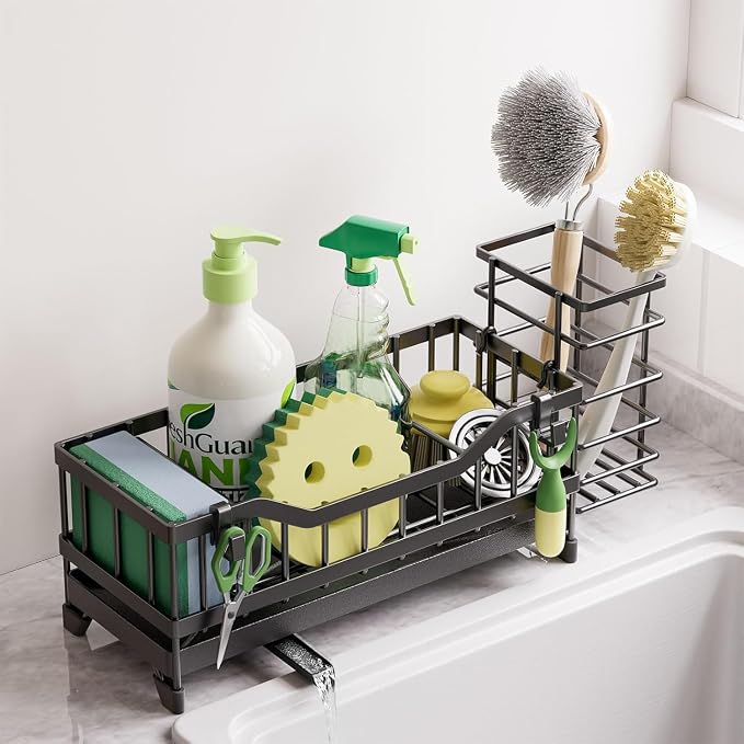 Sponge Holder for Kitchen Sink, Kitchen Sink Caddy with Long-Handled Dish Brushes Holder, 304 Rustproof Stainless Steel Countertop Organizers and Storage, Home Kitchen Sink Accessories (Black) by Unknown