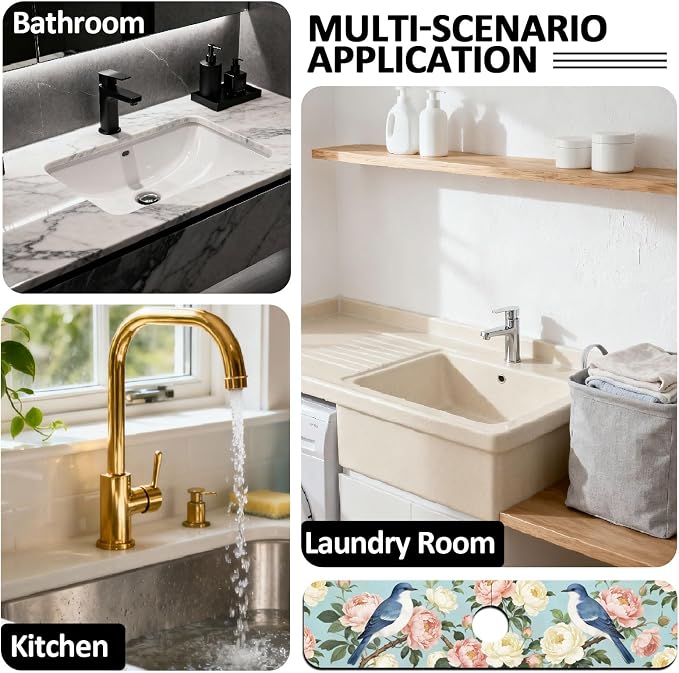 2 Pcs Kitchen Sink Splash Guard Faucet Mat Bluebird Faucet Mat for Sinks Peony Pattern Absorbing Drying Mats for Kitchen Bathroom, 23.6x5.5inch - Image 7