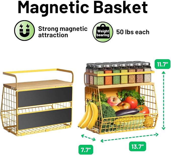 Magnetic Shelf for Fridge with Wood Lid, Fruit Potato and Onion Storage Bins, Pantry Organizers & Storage, Large Container Magnetic Spice Rack for Refrigerator, Kitchen Counter, Cabinet (Yellow, 1) - Image 5