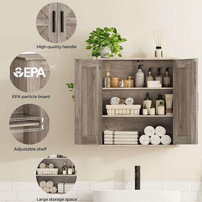 Homleke Bathroom Wall Cabinet, Medicine Cabinet with Adjustable Shelves | 3-Tier Wall Mounted Over Toilet Storage with Barn Doors, for Bathroom, Kitchen, Entryway, Laundry Room, Greige, (7.9" D) - Image 4