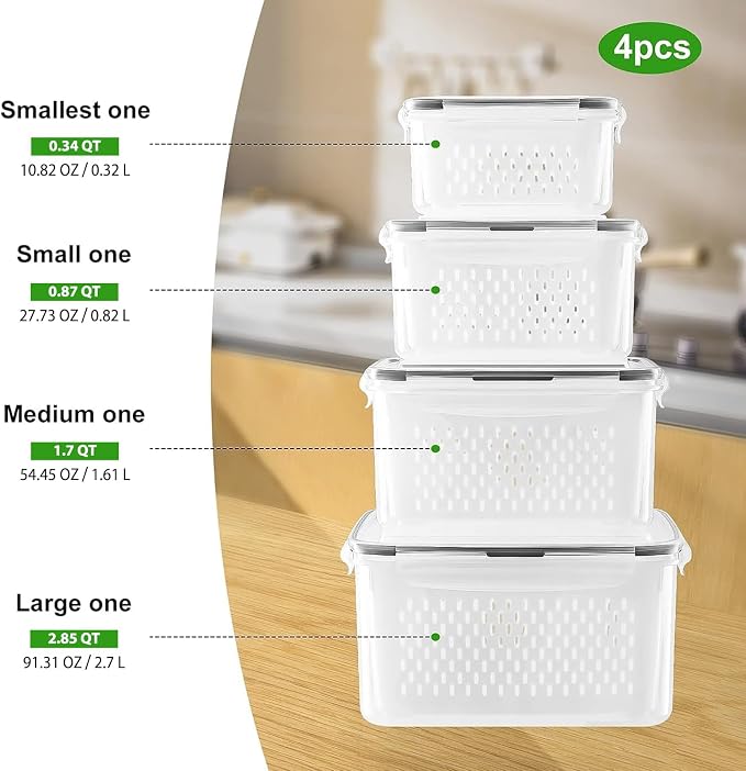 Fruit Storage Containers for Fridge with Removable Colander 4 PCS | Airtight Food Storage Container Dishwasher Safe Produce Saver for Refrigerator Keep Berry Fruit Fresh Longer Small Clear - Image 2