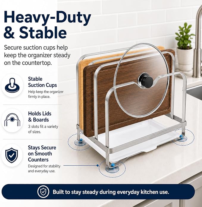 Cutting Board Organizer Rack with Draining Tray, 3 Slot | Stainless Steel Boards Holder for Kitchen Countertop, Heavy Duty Anti-Slip Stand for Thick & Thin Boards Pot Lid, Rustproof - Image 4
