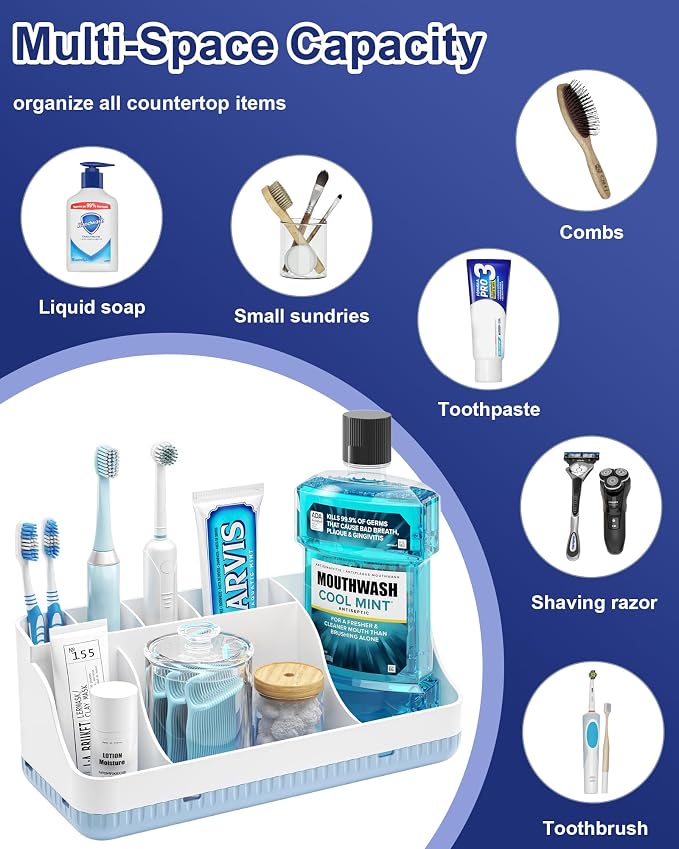 Bathroom Counter Organizer and Storage, 7 Slots Detachable Toothbrush Holders for Bathrooms, Anti-Slip Electric Toothbrush and Toothpaste Holder Countertop Vanity Organizer Accessories for Adults Kids - Image 6