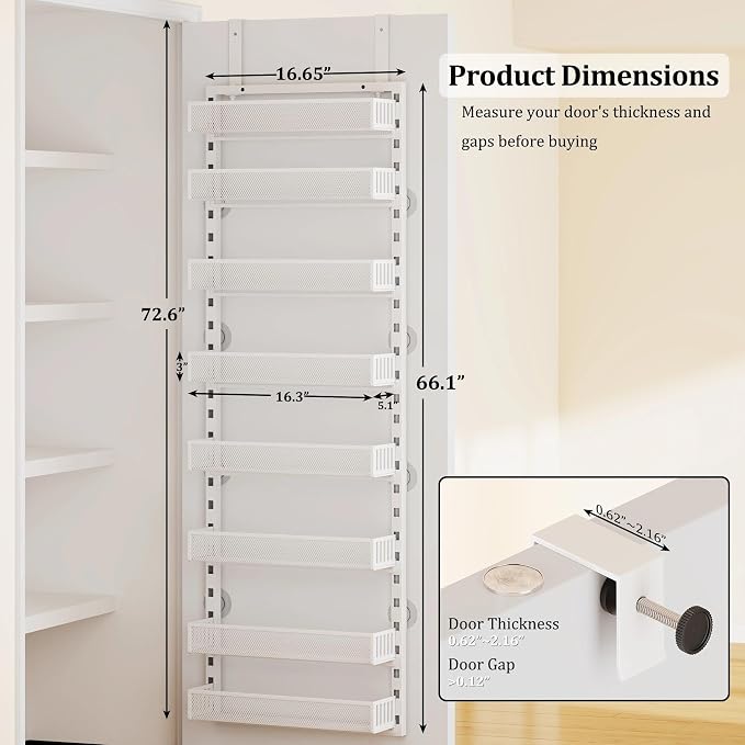 8-Tier Over the Door Pantry Organizer with Adjustable Baskets | Over the Door Spice Rack, Wall-Mounted or Hanging Shelves for Kitchen, Laundry Room, Bathroom(White,16.65"W x 5.2"D x 72.6"H) - Image 2