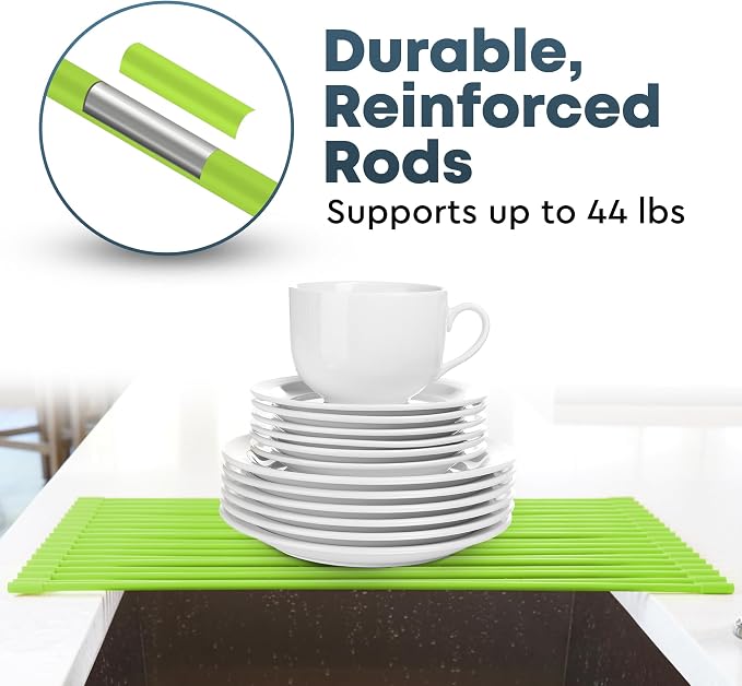 Zulay Kitchen Large Roll Up Dish Drying Rack - Heavy Duty Silicone Wrapped Steel Rods Over Sink Dish Drying Rack - Versatile Roll Up Sink Drying Rack & Trivet - Green,20.5 inches x 13 inches - Image 6