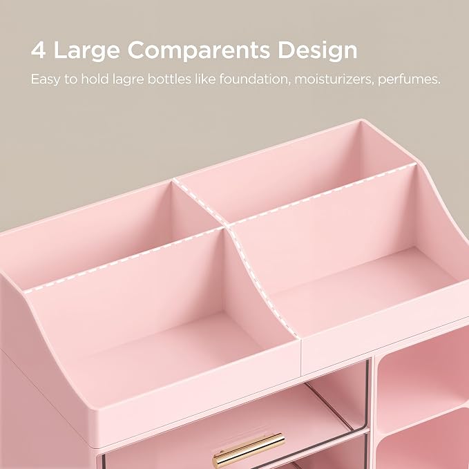 HBlife Makeup Organizer Countertop with Brush Holder,Large Bathroom Counter Organizer with Drawers,Skincare Organizers for Vanity,Plastic Dresser Organizer Storage Gift for Women Girl Mom,Pink - Image 4