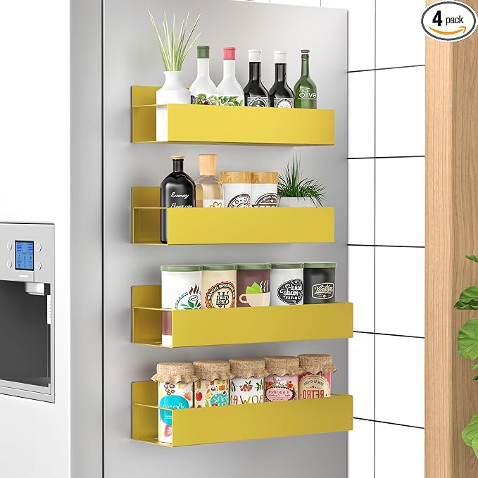 Metal Magnetic Spice Rack for Refrigerator Gold, 4 Pack | Magnetic Shelves Heavy Duty for Fridge in Kitchen, Seasoning Storage Organizer, For Oven Washer and Dryer, For Heavier Items by HuggieGems