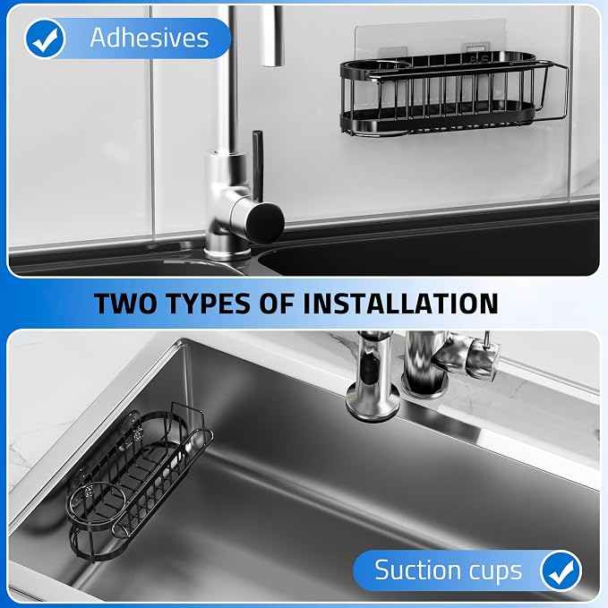Cisily Kitchen Sponge Holder for Kitchen Sink with 2 Suction Cups/1 Adhesive Strips, Stainless Steel Kitchen Caddy Sink Organizer, Brush Holder, Dish Cloth Hanger, Sink Stopper Holder (Black) - Image 2