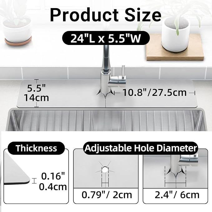 LOPNUR Cuttable Faucet Mat for Kitchen Sink, Long 24x5.5 Inch, Light Grey | Super Absorbent & Fast Dry Diatomite Sink Splash Guard, 0.8-2.4 Inch Adjustable Faucet Hole, Cut to Fit Bathroom & RV Sinks - Image 3