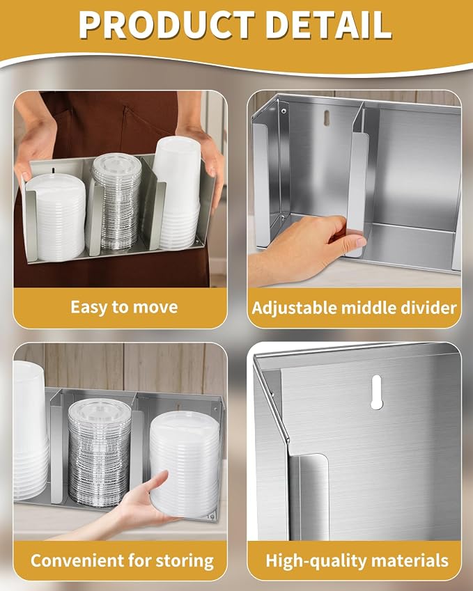 Stainless Steel Cup Dispenser,3 Compartments Cup Holder and Lid Holder with Adjustable Dividers,Cup Organizer for Kitchen Cabinets Cafe Shop Restaurant,Includes Straw Holder - Image 2
