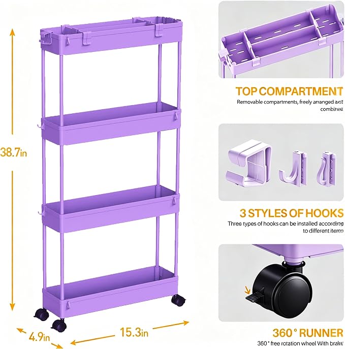 2-piece Set Slim Storage Cart 3 Tier,Bathroom Organizer Rolling Utility,Mobile Shelving Unit Slide Out for Office, Kitchen, Laundry Room & Narrow Places - Image 8