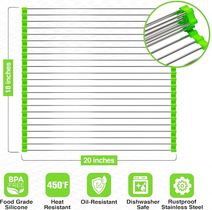 XL Roll Up Dish Drying Rack - 20x18 Over Sink Stainless Steel | Over sink design with 38% more drying space. Space-saving roll up dish drainer rack for small kitchens & apartment counters - Image 5