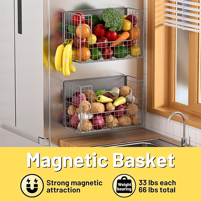 Magnetic Fridge Shelf, Fruit Potato & Onion Storage Bins, Pantry Organizers, Large Container Basket for Refrigerator, Kitchen Counter, Cabinet (2, Silver) - Image 2