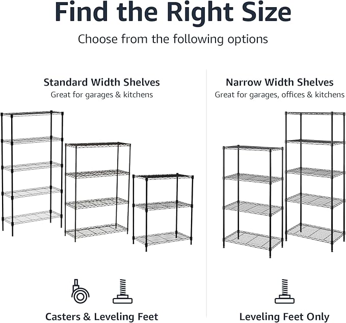 Amazon Basics 4-Shelf Heavy Duty Garage Shelving Storage Unit on 3" Wheel Casters, Adjustable Metal Wire Rack with Leveling Feet, 36" x 14" x 57.75", Black - Image 6