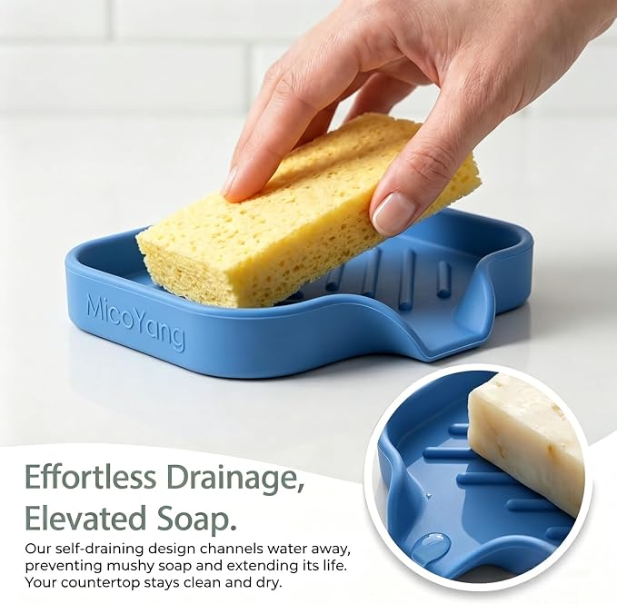 MicoYang Silicone Soap Dish with Drain Spout, Self-Draining Sink Organizer Tray for Bathroom & Kitchen, Sponges, Dispensers & Soap Holder, Non-Slip & Dishwasher Safe, Lichen Blue (Compact, 4.9"×3.2") - Image 7