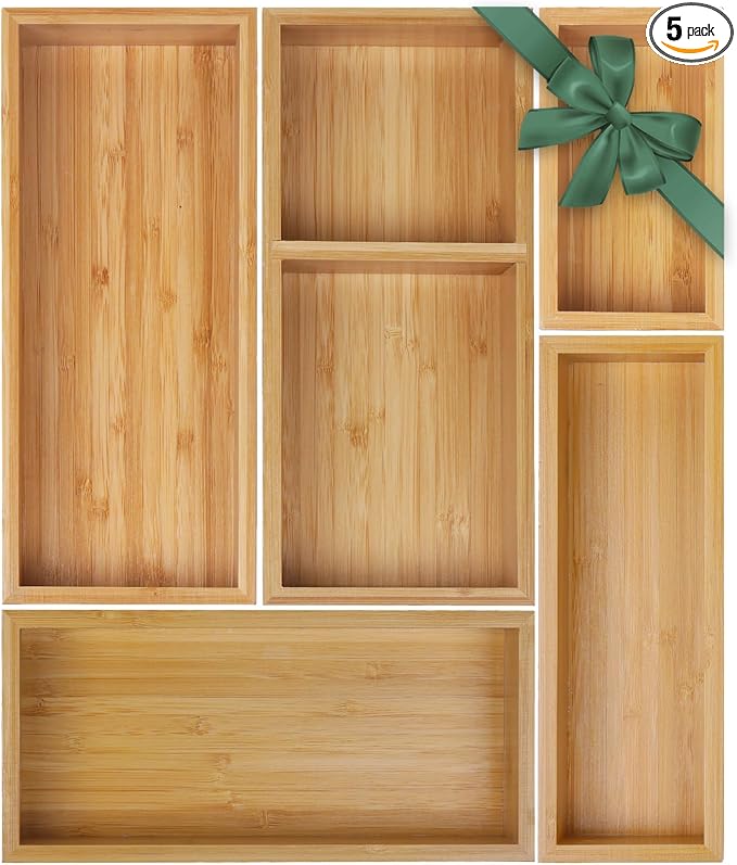 MapleGrace Bamboo Drawer Organizer Set, Individual Wood Storage Organizers | 5 PCS Multi-Use Junk Drawer Divider, Storage Trays Containers for Kitchen, Bathroom, Office Desk, Makeup, Jewelry, Utensils by MapleGrace