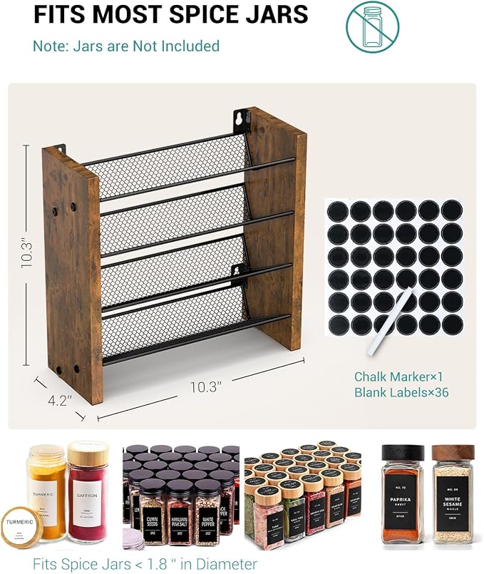 Spice Rack Organizer for Cabinet, Seasoning Organizer, No Jars Included | Holds 20 Standard 4 oz Jars, Fits Jars Under 1.8 in Wide, 4-Tier Kitchen Countertop Shelf, Wall Mount, 10.3" W x 10.3" H - Image 2