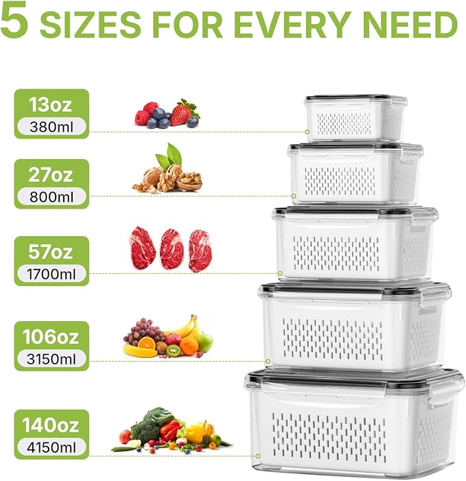 5 Pack Large Fruit Storage Containers for Fridge, Leakproof Produce Containers with Removable Colanders, Dishwasher Safe Fridge Organizers and Storage, Keep Berry, Vegetables Fresh Longer - Image 3